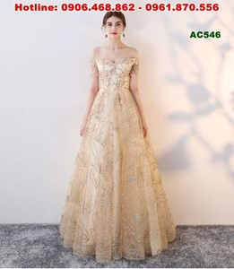 Váy cưới vai ngang, ren kim tuyến lấp lánh AC546